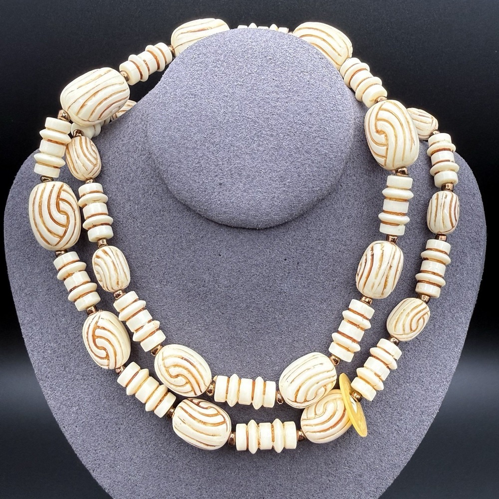 Vintage Hong Kong Tan Swirl & Bronze Bead Necklace Chunky Mid Century Statement